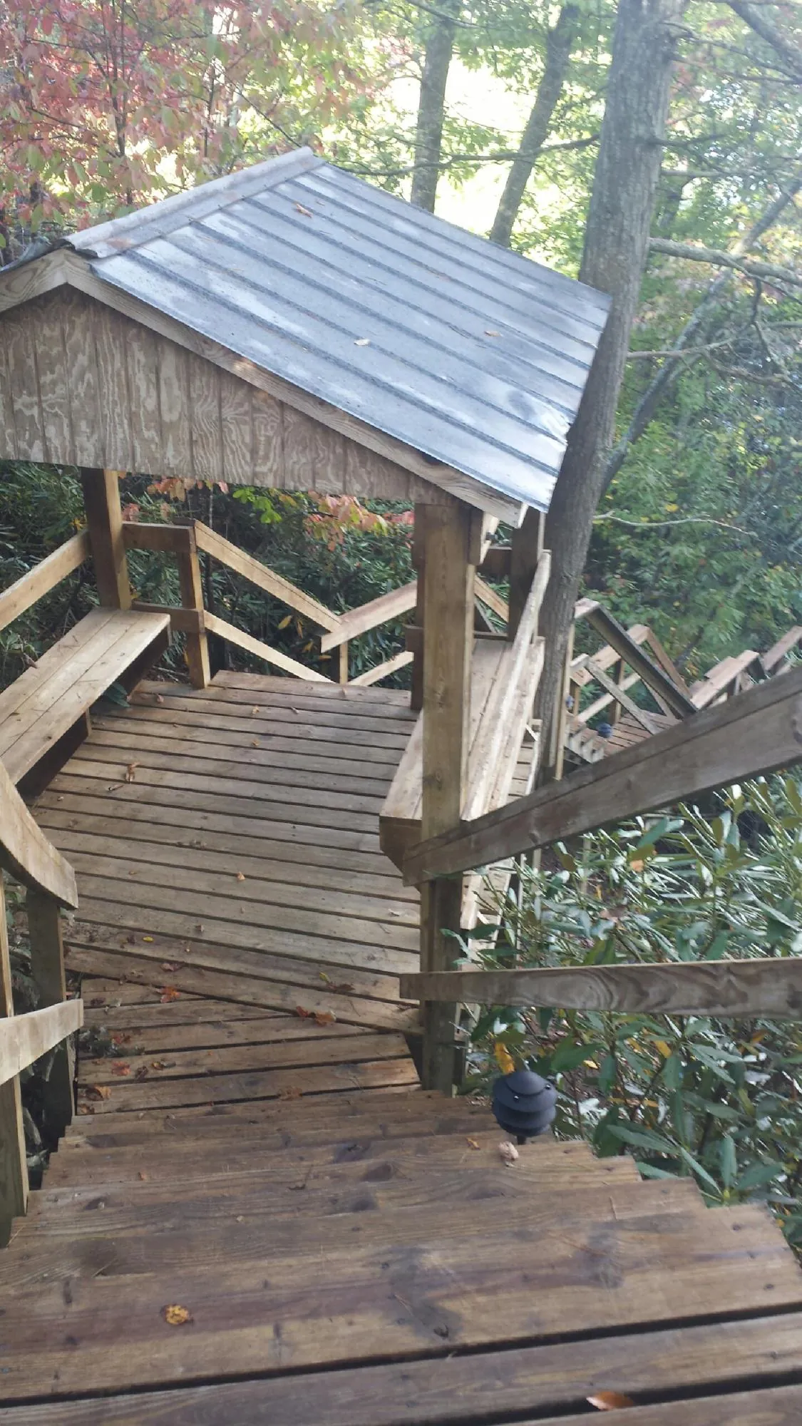 Metal roofed shelter over wooden steps on a wooded walkway — Skylight Repair & Installation work by our crew in Bourbon
